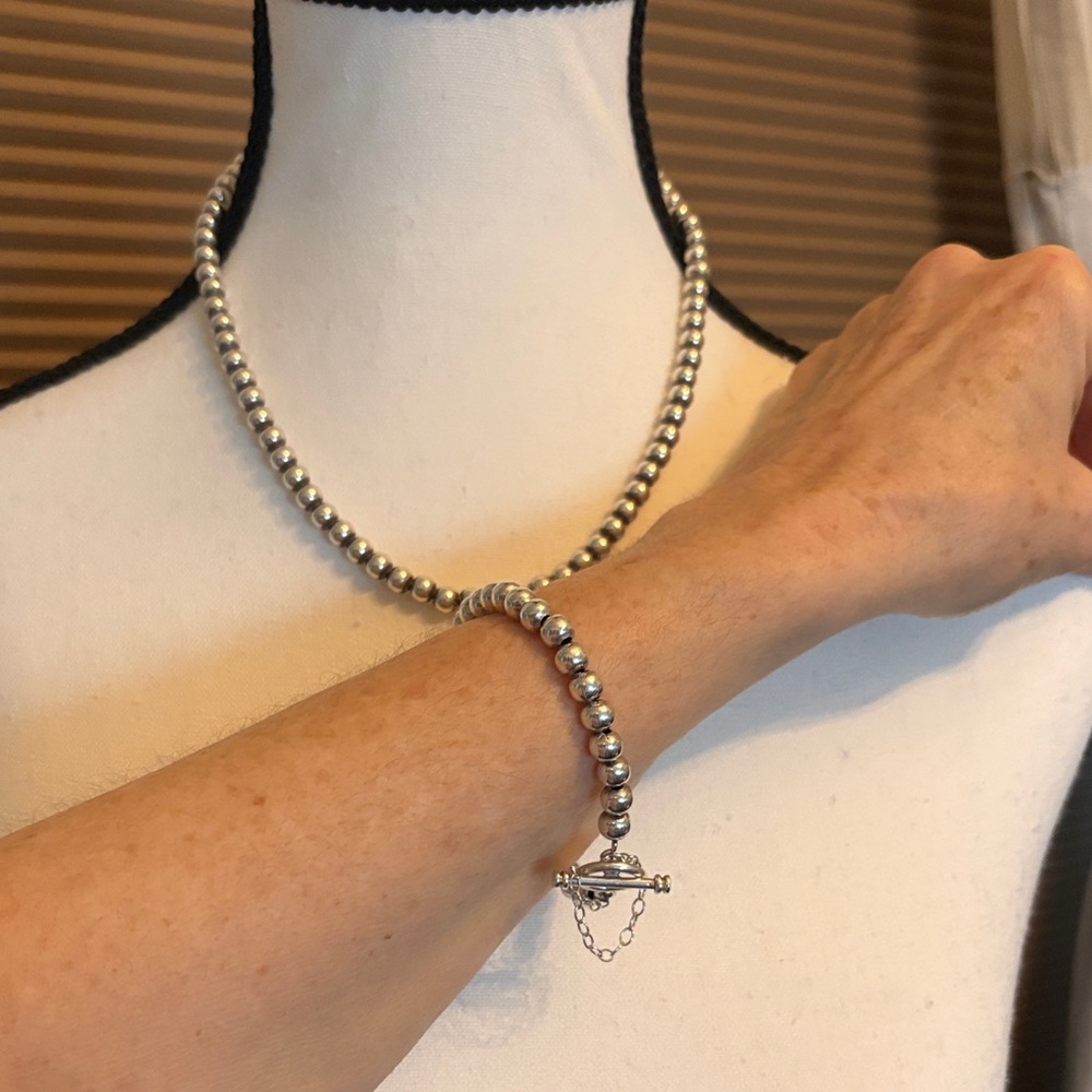 Vintage Solid Sterling Silver Beaded Necklace And… - image 1